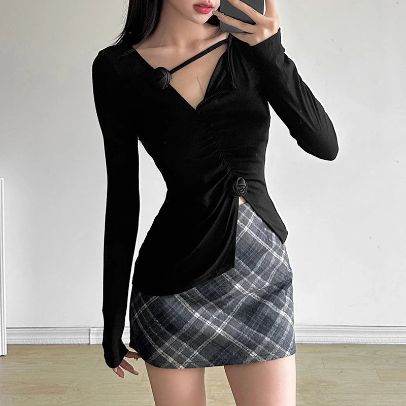 Hnewly spring birthday outfit y2k Aesthetic Tops Women Clothing Solid Color 3D Flower V Neck Long Sleeve Asymmetrical Hem T Shirts 2000s Streetwear