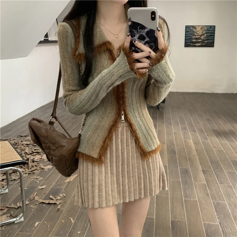 Hnewly Vintage Gradient Polo Zipper Cardigan Women Autumn Winter Long Sleeve Cashmere Sweater Knitted Top Outwear Jumpers