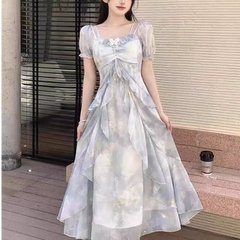 Hnewly  French Ruffle Printed Long Dress Square Collar Off Shoulder Fairy Dress Slim Summer Short Sleeve Women Casual Vacation Dress