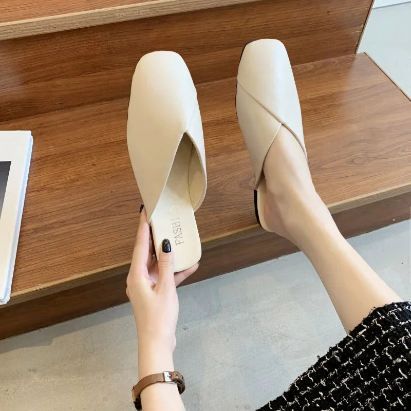 Hnewly Women Mules Summer Elegant Square Closed Toe Flat Slippers Female Shoes Casual Leather Black White Slides Plus Size 35-43