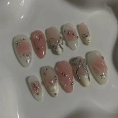 Hnewly 24Pcs White Almond False Nails Ballet with French Design Wearable Fake Nails Gradient Simple Full Cover Press on Nail Tips Art