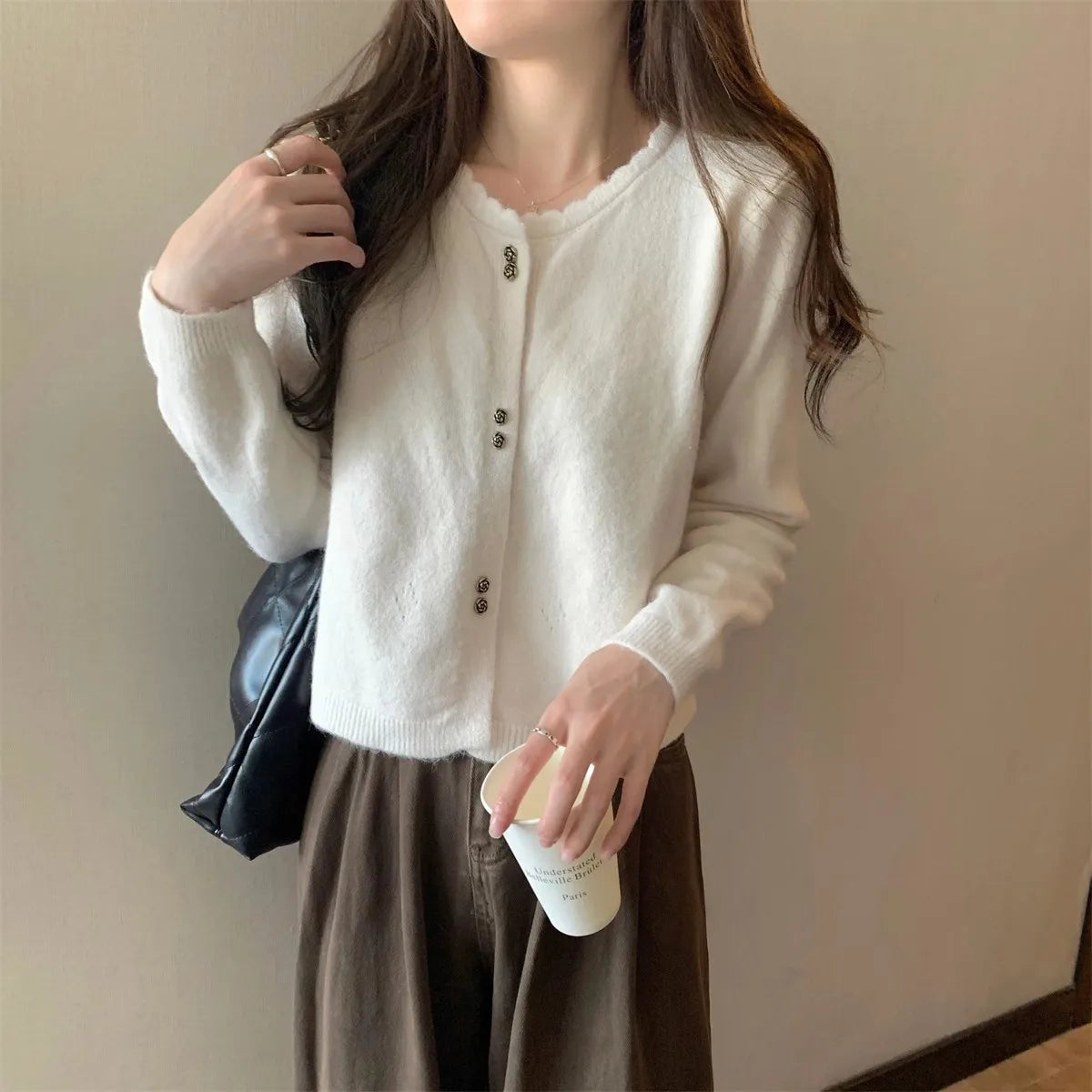 Hnewly  Sweet Short Hollowed Out Sweater Chic Buttons Long Sleeved Knitted  Cardigan Jacket Korean series Round Neck Loose Top