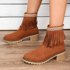 Hnewly Womens Fashion Embroidered Ankle Boots Comfort Thick Wedge Heel Zipper Tassel Faux Suede Short Boots Cowboy Cowgirl Shoes 2024
