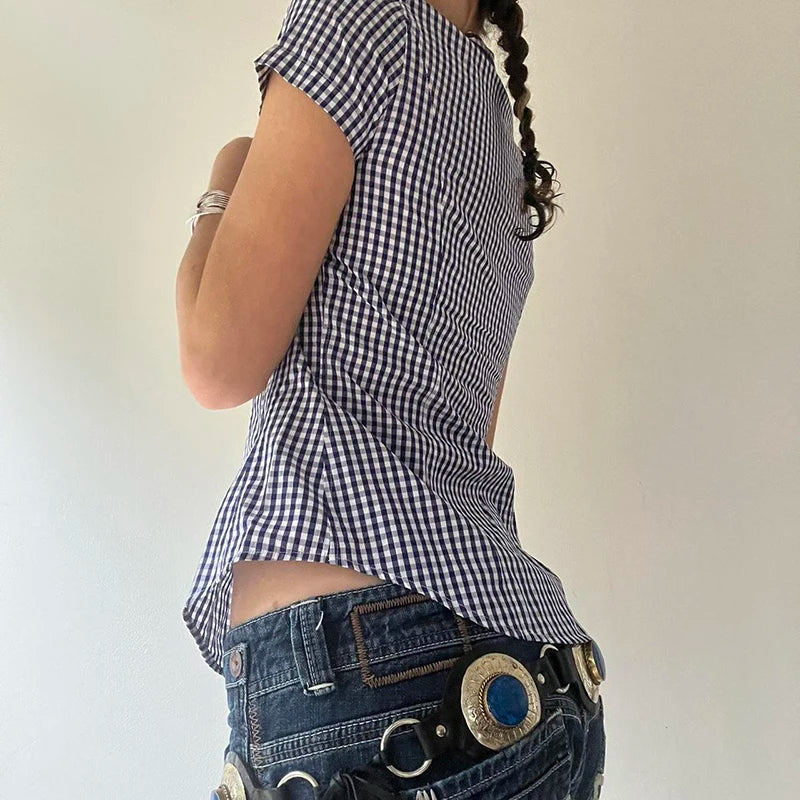 Hnewly y2k Plaid Print Women Blouse Vintage 2000s Short Sleeve Button Up Cropped Top Casual Streetwear Summer T-shirts Aesthetic
