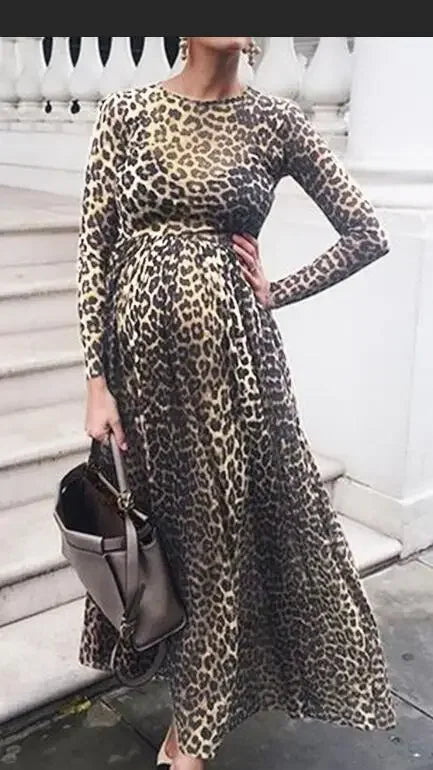 Hnewly  spring Summer Leopard print pattern Sexy Maternity Dresses Long Sleeve Pregnancy Clothes for Photo Shoot Women