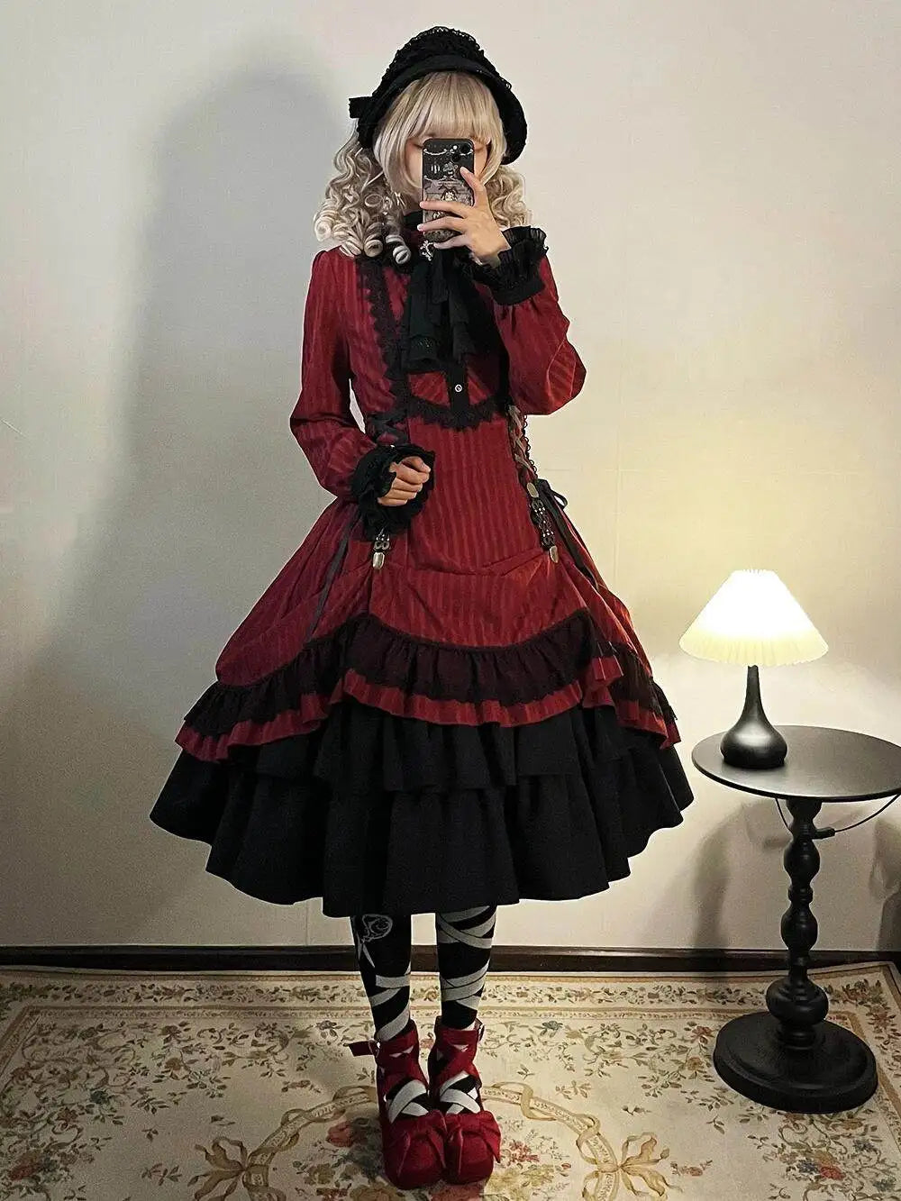 Hnewly  Original Gothic Dark Red Large Size Lolita Style Long Sleeve Dresses Op Spring New Women's Slim Fit Elegant Retro Cosplay Dress
