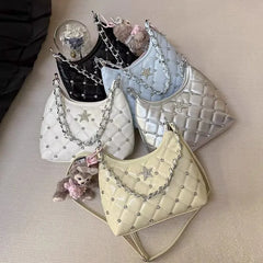 Hnewly  Vintage White Y2k Underarm Bagwomen New Trendy Beading Chain Leather Shoulder Bags Female Retro Casual Crossbody Bags New