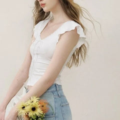Lunivop  French Streetwear V Neck Ruffle Fly Sleeve Base T Shirts Fashion Spliced Lace Bow Appliques Design Solid Top Y2k Punk Clothes