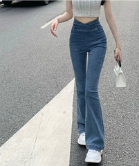 Hnewly Women's Jeans Bell Bottom Trousers Slim Fit Pants for Women Skinny Flared High Waist Shot Blue Flare Harajuku Fashion Retro Emo