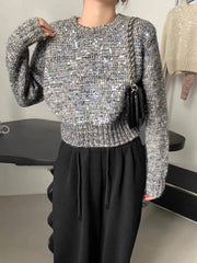 Hnewly  Fashion Sequin Short Sweater for Women's Spring Autumn New Soft Knitted Top Pullover Casual Round Neck Loose All-matched Top