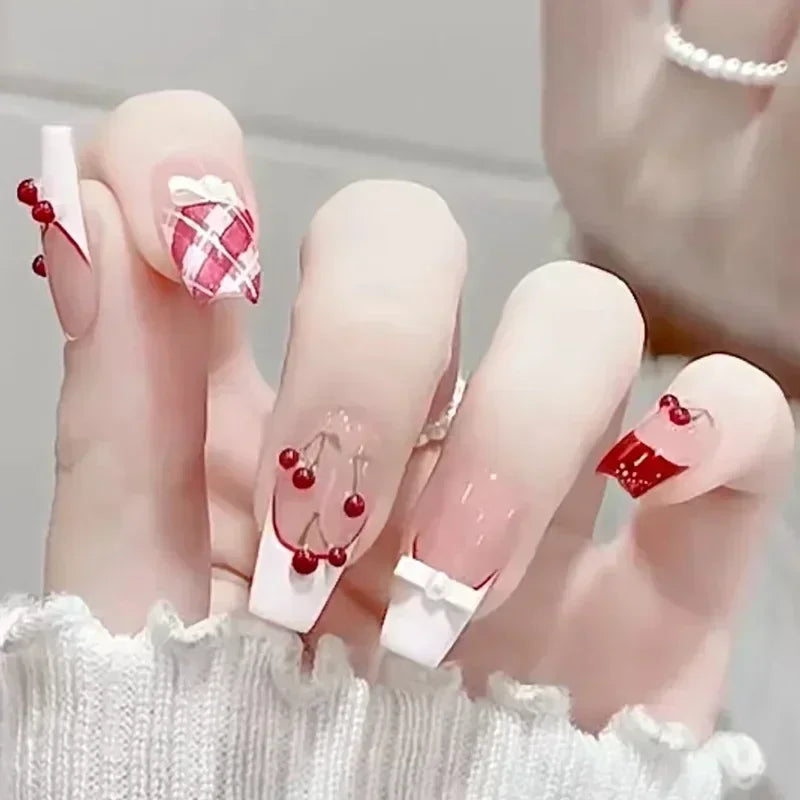 Hnewly 24Pcs False Nails French Gradient Ballet Fake Nails Press on Nails Black Heart Rhinestone Design Glitter Full Cover Nail Tips