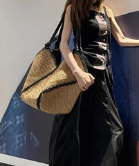 Hnewly  Fashion Design Diagonal Stripe Pattern Handmade Tote Bag Summer Ladies Paper Straw Crochet Shoulder Beach Bags