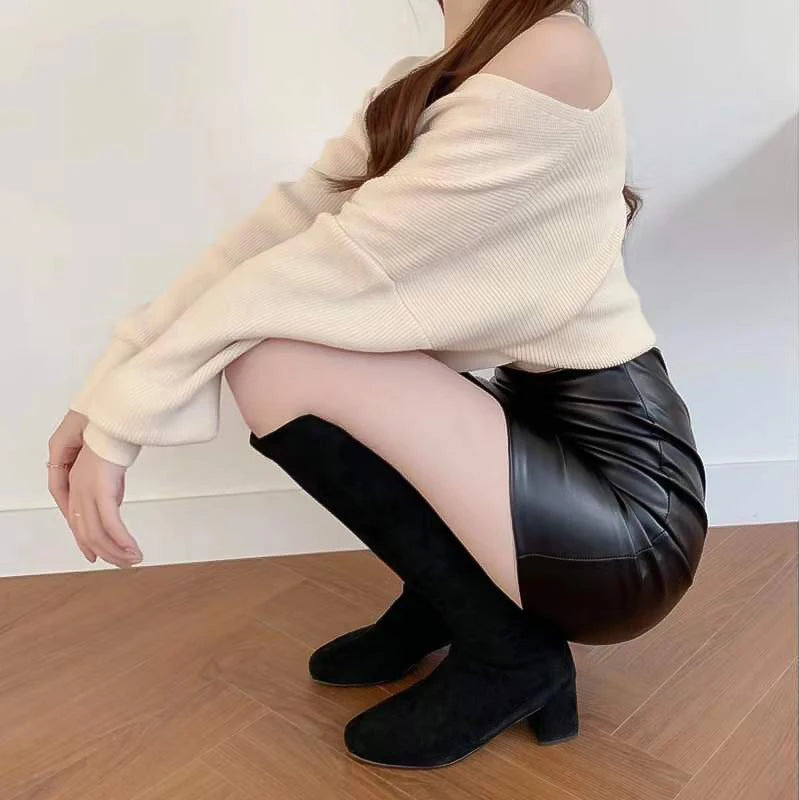 Hnewly Black Mini Pu Leather Skirt Women Korean Fashion High-Waisted Elasticity Punk Style Bodycon Goth Sexy Skirts Female