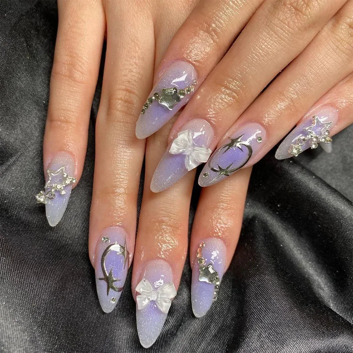 Hnewly 24Pcs Pink Almond French Press on Nails With 3D Bow ripple charms Design Fake Nails Ballerina False Nails Full Cover Nail Tips