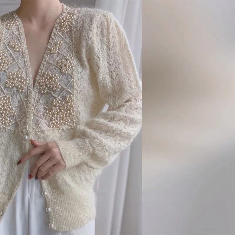 Hnewly  Women Luxury Pearls Beaded Mohair Sweater V-neck Hollow Out Thin Loose Knitted Cardigan Korean Elegant Long Sleeved Spring Top