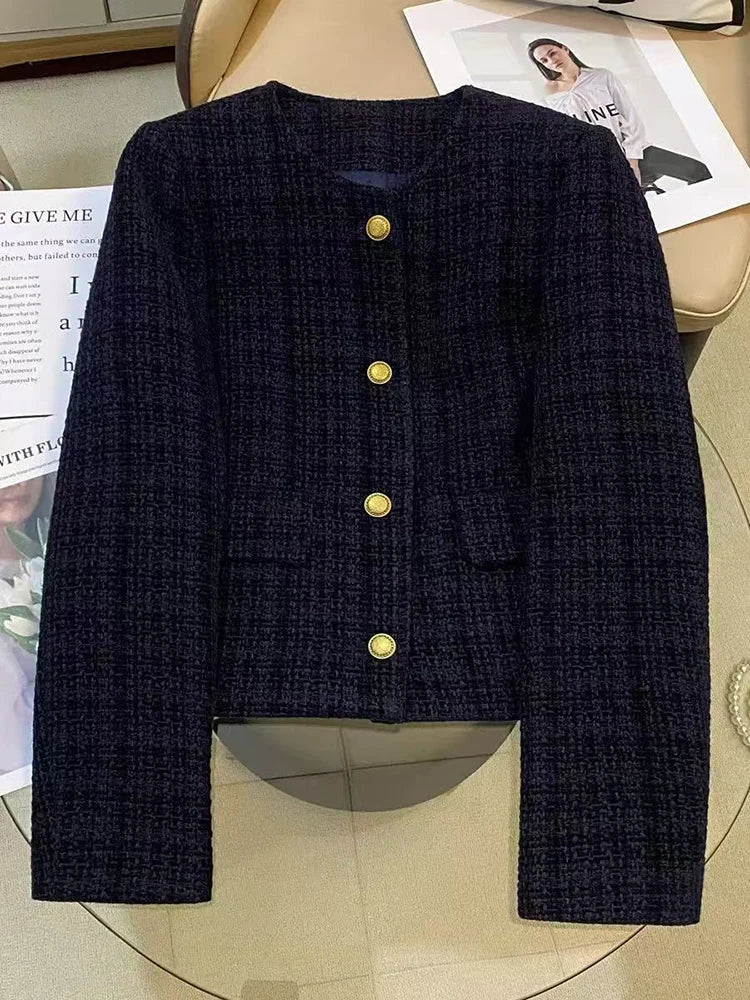 Hnewly Korean Plaid Tweed Jacket Women Y2K Elegant Office Lady O Neck Casual Crop Coats Autumn Single Breasted All Match Female Outwear