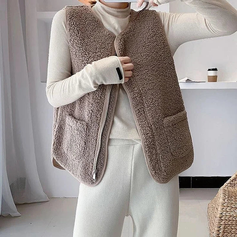 Hnewly casual winter outfits Women Warm Faux Lamb Fur Sleeveless Coat With Pockets Zipper Casual Cardigan traf Jackets Office Coat Vest Winter Autumn