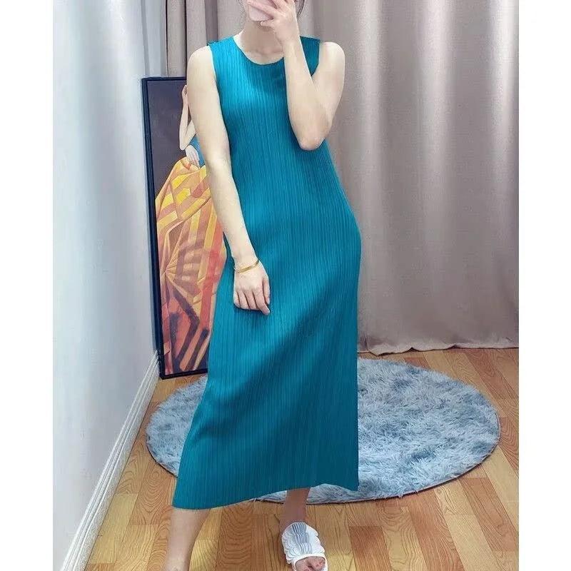 Hnewly  Slim Fit Midi Sleeveless Dress Basic Pleated Style Four Seasons Wearable Thin Polyester Fiber City Commute Women's Dress