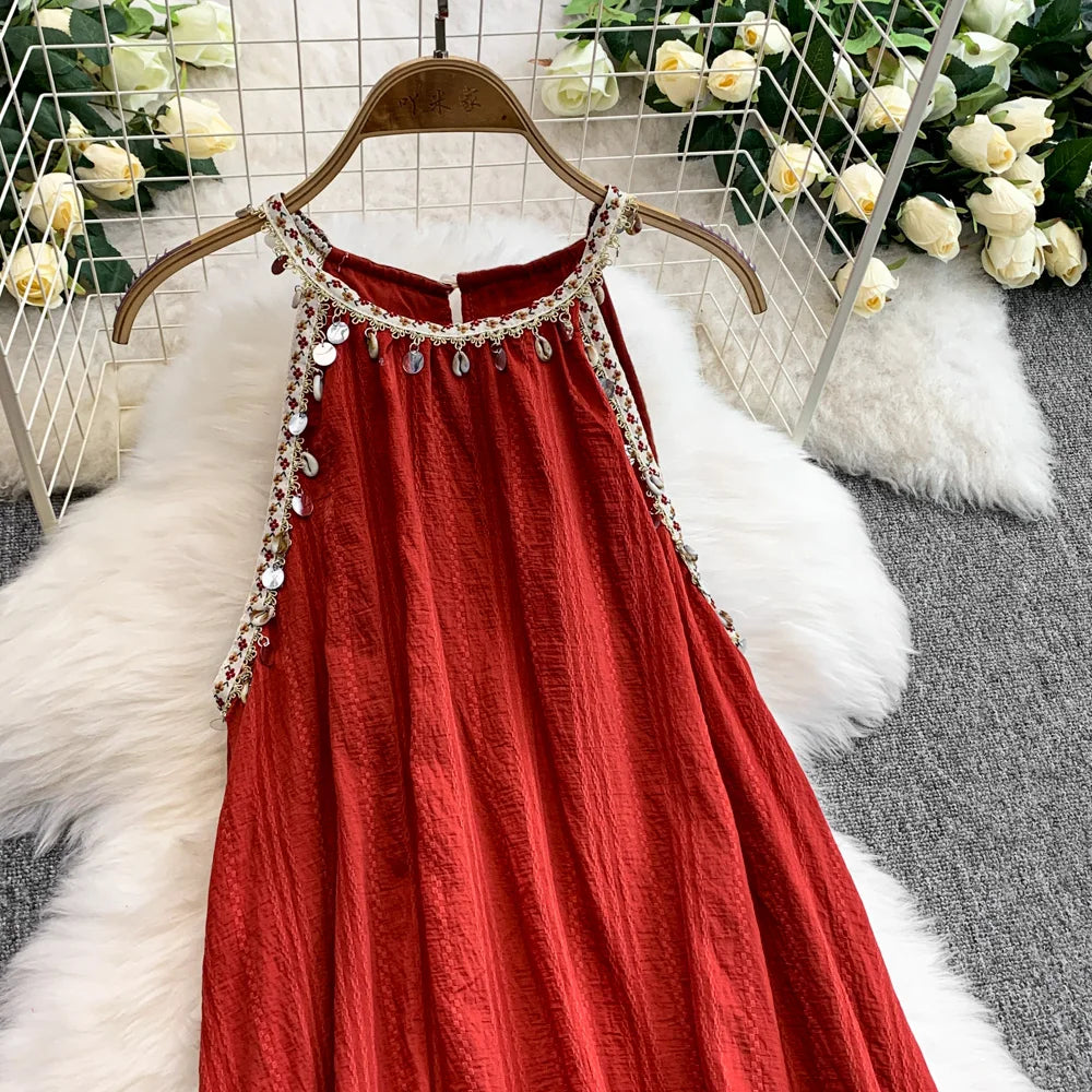 Hnewly  Bohemian Vacation Style Red Dress Design Sense Tassel Irregular Loose Dresses French Style High-end  Sleeveless Long Dress