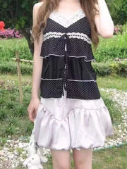 Hnewly  Vintage New Fashion Loose Sling Design Casual Lace Polka Dot Patchwork Vest Women Summer Thin V-neck Retro Hot Girl Tops