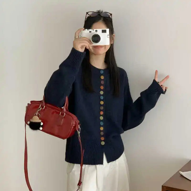 Hnewly  Multicolor Button Knit Sweater Cardigan Women Long Sleeve Button-Up Sweater Jacket Teen-girl Autumn Winter Korean Fashion Outfit