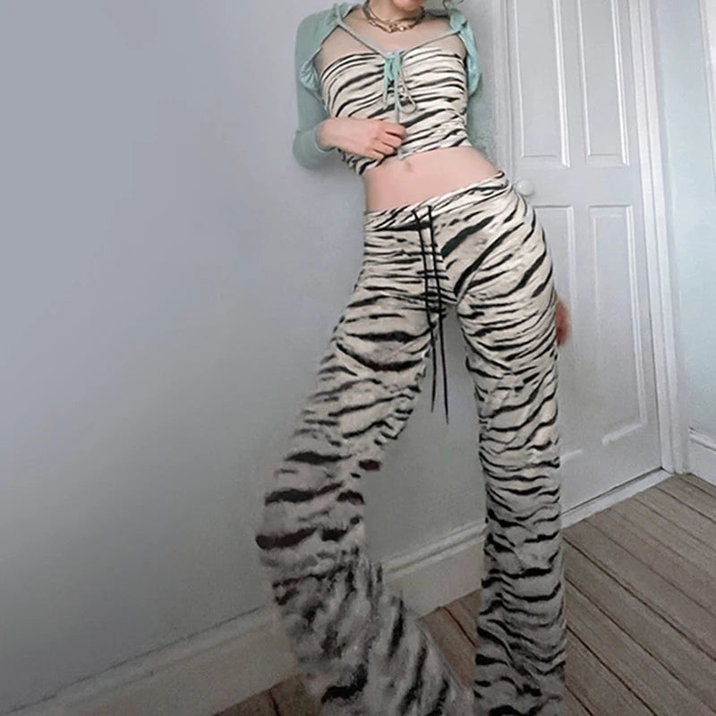 Hnewly Harajuku Skinny Zebra Stripe Pattern Flare Pants Women Streetwear Casual Low Waist Trousers Sweatpants Bottoms Retro