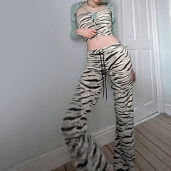 Hnewly Harajuku Skinny Zebra Stripe Pattern Flare Pants Women Streetwear Casual Low Waist Trousers Sweatpants Bottoms Retro