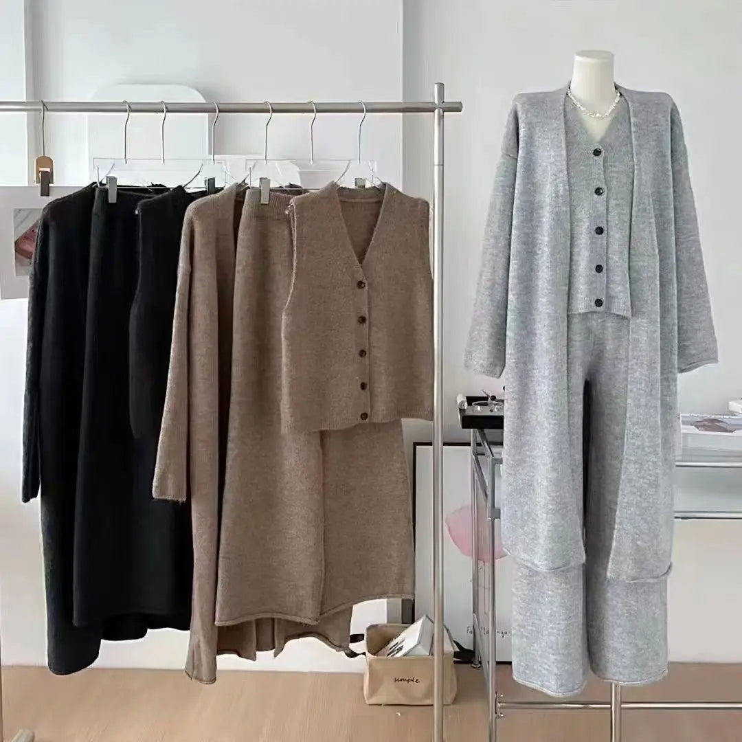 Hnewly Winter French Knitted Suits 3 Piece Set Women Casual Long Cardigan + Vintage Vest + Office Lady Long Pants Korean Fashion