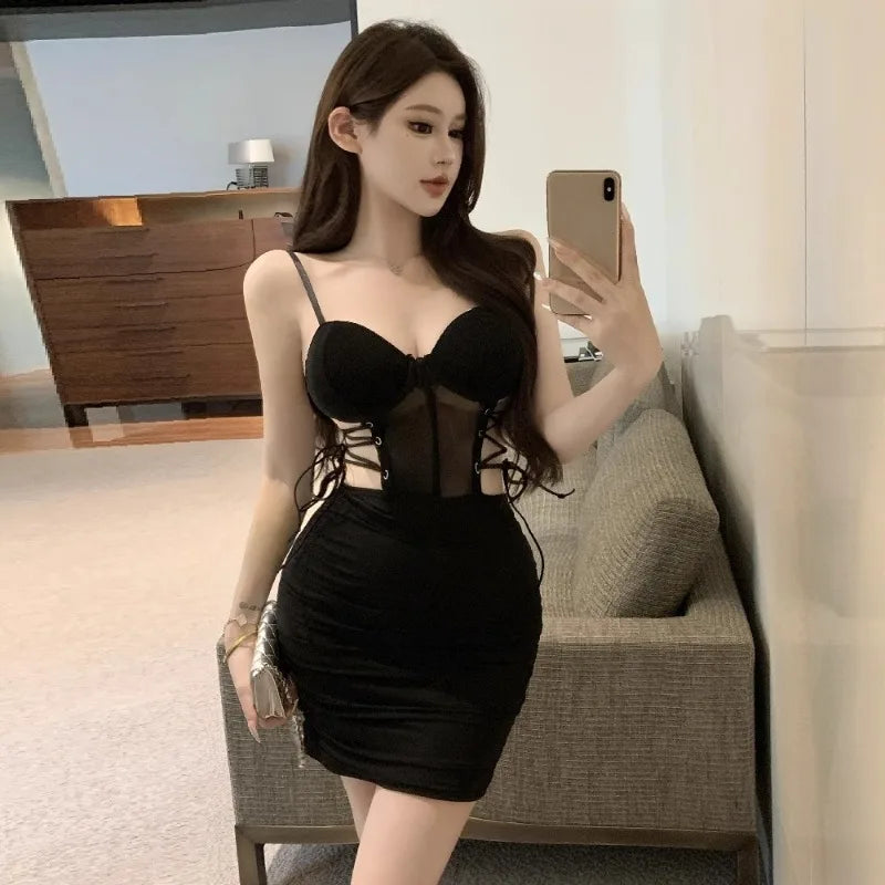 Hnewly  Woman Dress Hollow Out Bandage Sleeveless Slim Backless Summer Fashion Mini Dresses Party Female Sexy Clubwear Elegant