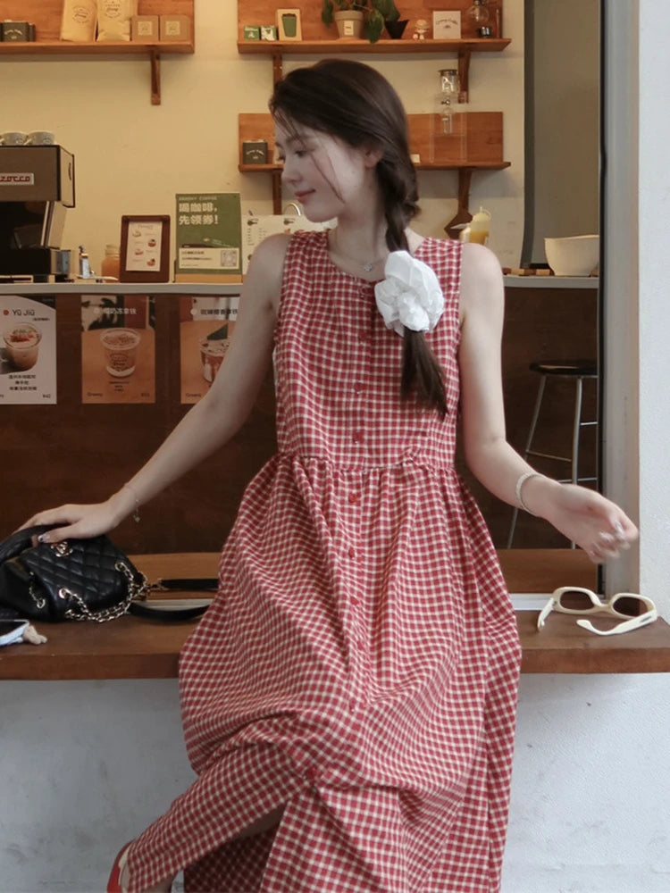 Hnewly Sweet Red Plaid Long Dress Women Elegant Casual Sleeveless Korean Dress Vintage Female Preppy Style Loose A Line Vestidos
