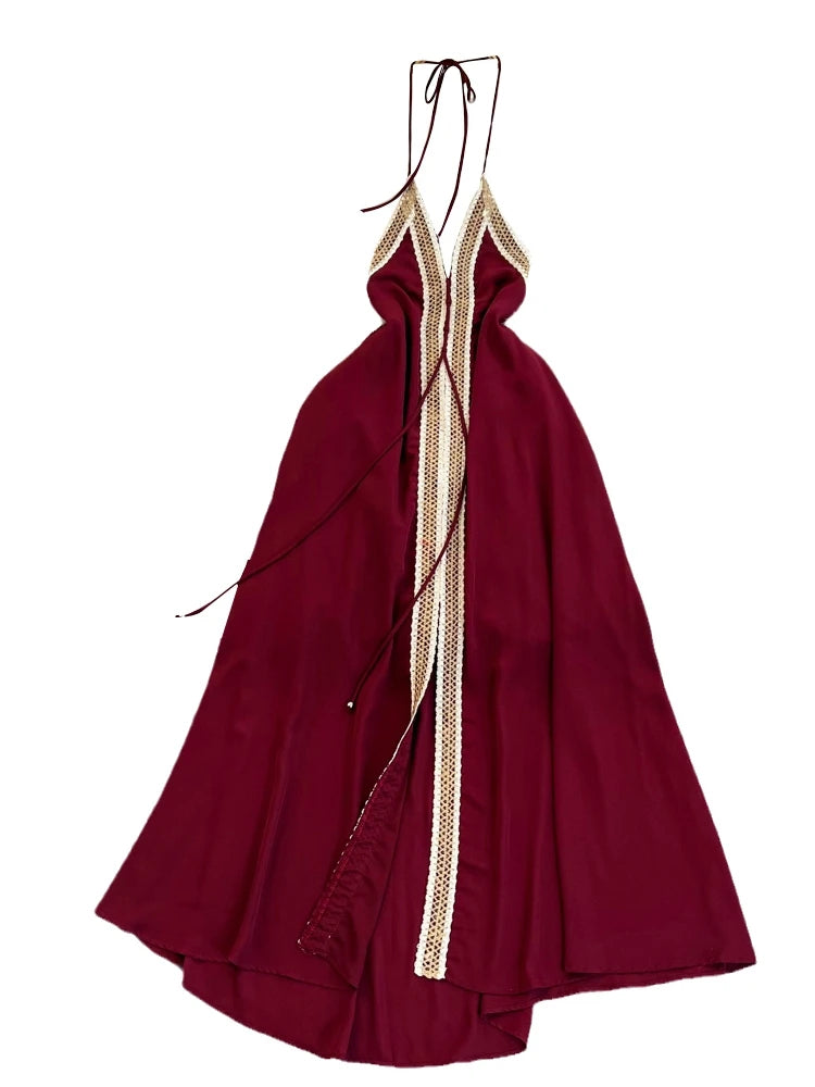 Hnewly  Temperament Hanging Neck Dress Elegant Hollow Out Backless Slit A-line Large Hem Dress Women's Beach Vacation Long Dress