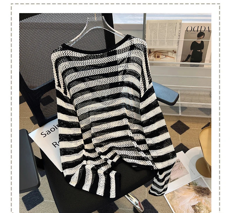 Hnewly Black White Striped Ice Silk Knitted Sweater Women Long Sleeved Loose Lazy Style Mesh Pullover Spicy Girl Hollow Out Top