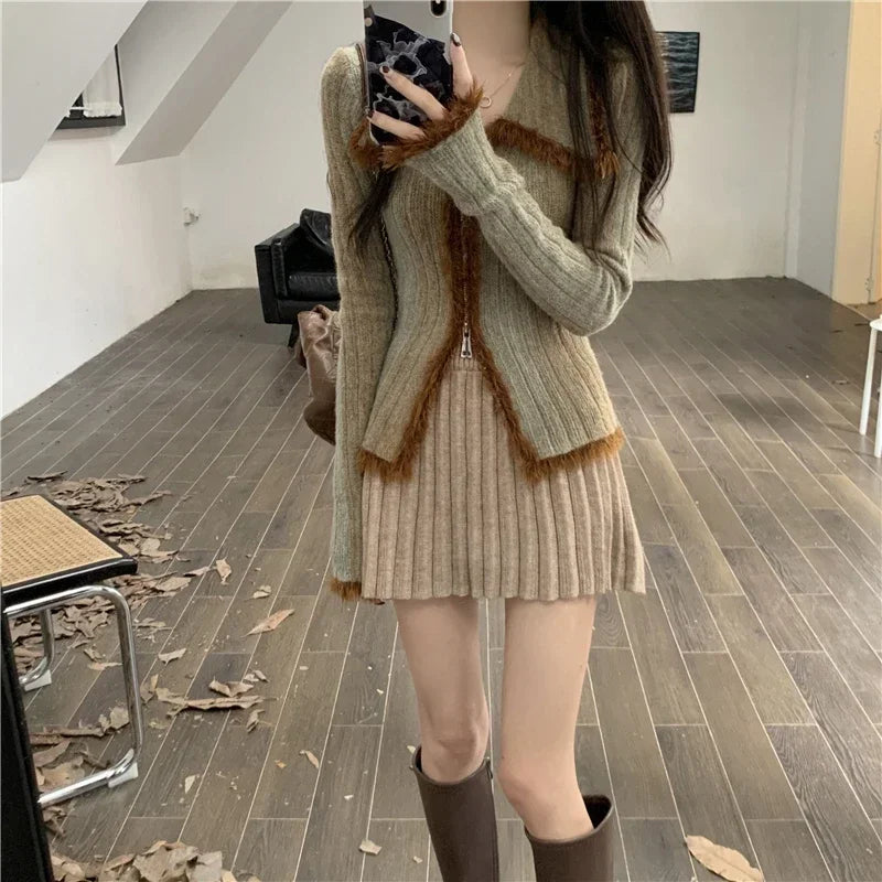 Hnewly Vintage Gradient Polo Zipper Cardigan Women Autumn Winter Long Sleeve Cashmere Sweater Knitted Top Outwear Jumpers