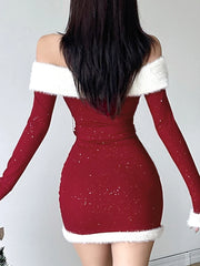 Hnewly Christmas Party Dress Slim Patchwork Fur Trim Bodycon Dress With Belt Casual Slash Neck Long Sleeve Mini Dresses Women