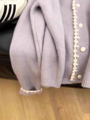 Hnewly  Soft Purple Sweater Cardigan Sweet Lace Edge O-neck Single Breasted Top Spring Autumn New Korean Long Sleeved Loose Kniter