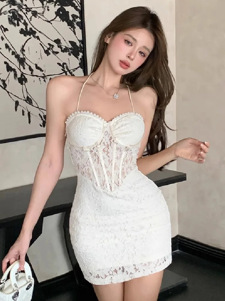 Hnewly  Woman Dress Sexy Sleeveless Lace Patchwork Elegant Backless Slim Summer Fashion Party Mini Dresses Female Clubwear