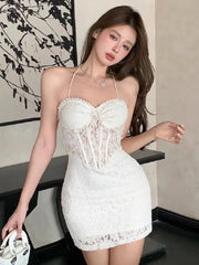 Hnewly  Woman Dress Sexy Sleeveless Lace Patchwork Elegant Backless Slim Summer Fashion Party Mini Dresses Female Clubwear