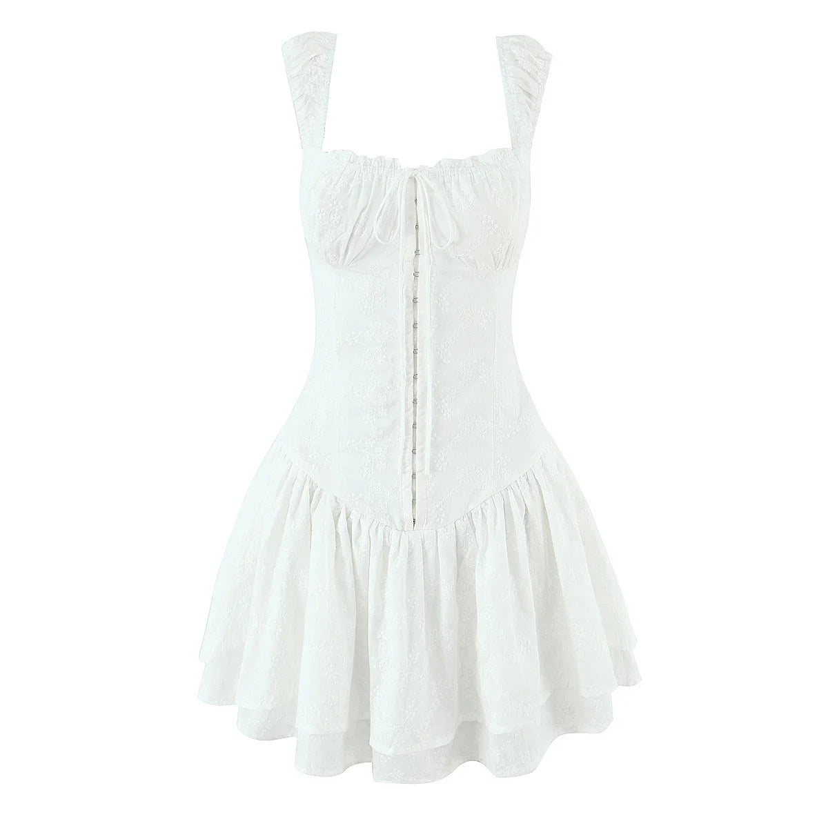 New 2025 Women Floral Embroidery White Tank Mini Dress Sexy Sleeveless Low Waist A-line Slim Summer Dresses Casual Robe