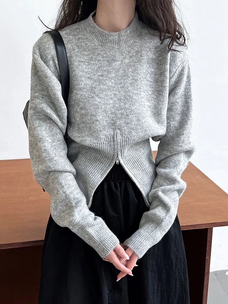 Hnewly Cinched Waist Sweater for Women Pullovers Long Sleeve Mock Neck Plain Knitted Jumper with Zip Front Trendy Fall Winter Outfit