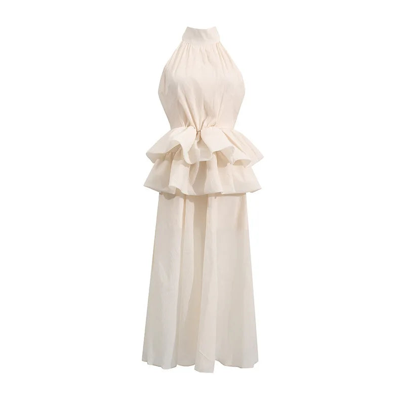 Hnewly Fashion Solid Color Dress Women's High Neck Sleeveless Waist Ruffle Hem Dresses 2025 Summer New Tide