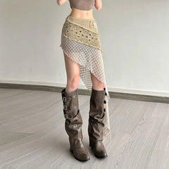 Hnewly  Bohemian Vintage Embroidery Knitted Skirts Summer Lace Patchwork Skirt for Women New Slim Fit Bodycon Faldas Mujer