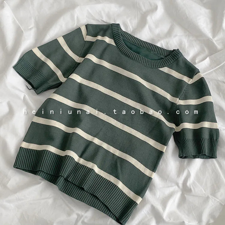 Hnewly  Vintage Stripe Knitted T-Shirt Women's Spring Summer New Fashion All-matched O- Neck Short Sleeve Slim Short Shirt Tops