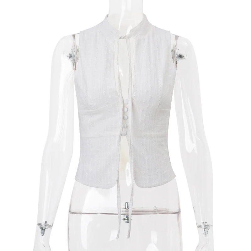 Hnewly y2k Tank Top Women Summer Clothes White Flower Embroidery Mock Neck Front Cutout Sleeveless T Shirt Vest Streetwear
