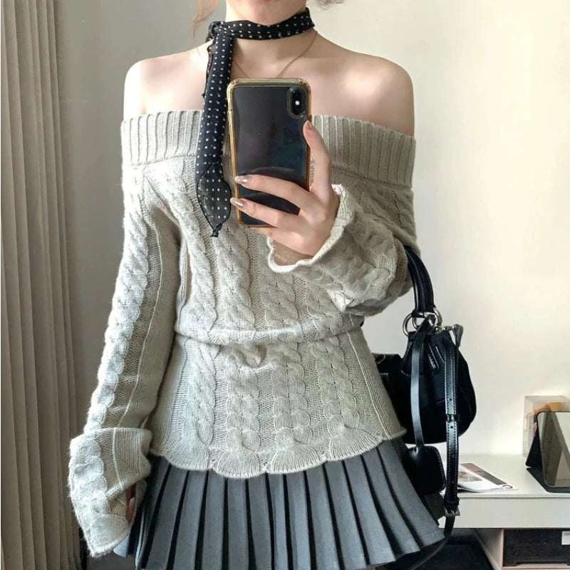 Hnewly Korean Style Sexy Off Shoulder Sweater Women Sweet Elegant Long Sleeve Knitted Pullover Cute Fashion Slim Up Sweaters