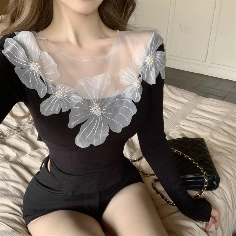 Hnewly y2k Fairycore Top Women Clothes 3D Flower Round Neck Long Sleeve Asymmetrical Hem T Shirt 2000s Clothing Streetwear