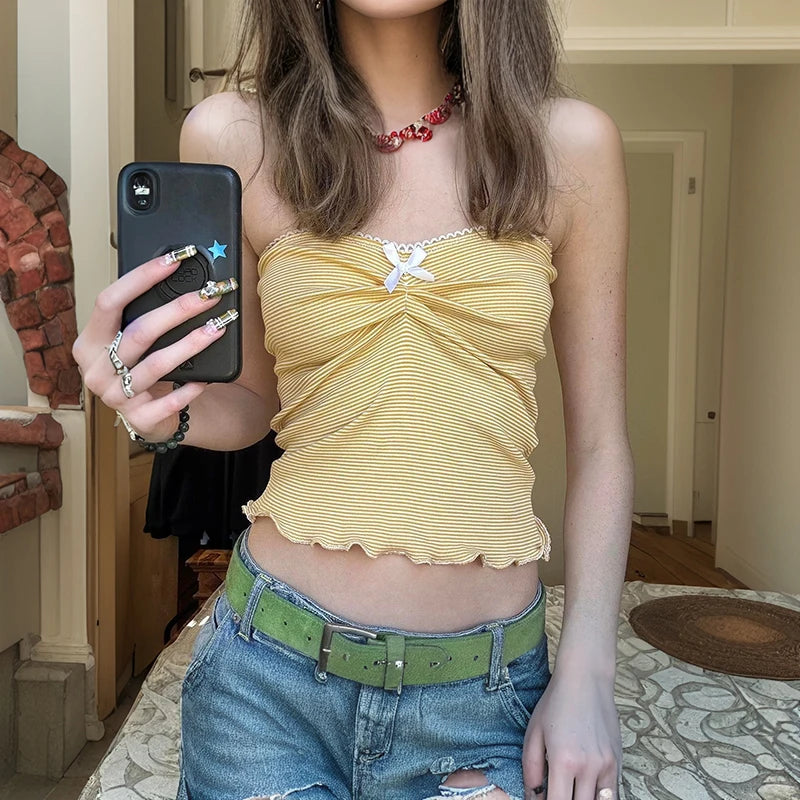 Hnewly Summer Kawaii Striped Crop Top Cute Coquette Bow Stitching Sleeveless Tube Top Women y2k Vintage Knitted Vest Casual Tees