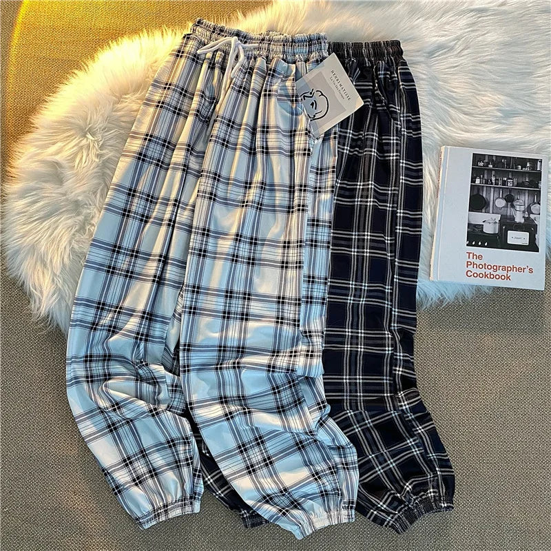 Hnewly Casual Pants for Women Korean New Fashion Loose Black Plaid Summer Harajuku Students Harem Long Pants Streetwear Trousers Chic