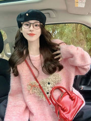 Hnewly  Cute Cartoon Pink Sweater Women Sweet Long Sleeve Knitted Kawaii Jumper Vintage Japan O Neck Lady Casual Lazy Wind Tops New