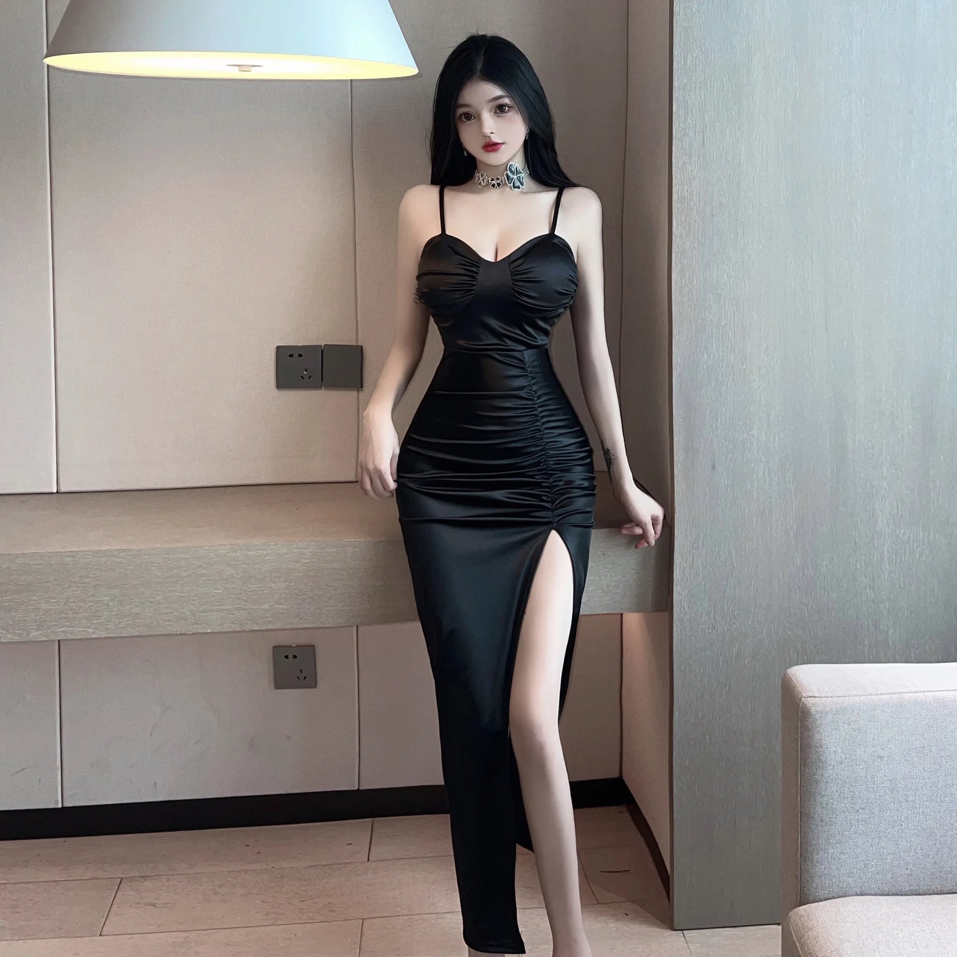 Hnewly Summer Fashion Women Robe Sexy Sexy Goddess Split Long Dress Elegant Sweet Sexy Korean Women Spice Girls Dresses Y0XS