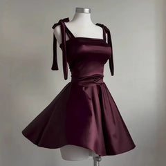 Hnewly  Fashion Women Sexy Burgundy Mini Dress Square Neck Tie Shoulder Ruffle A-Line Short Party Elegant Backless Evening Dresses